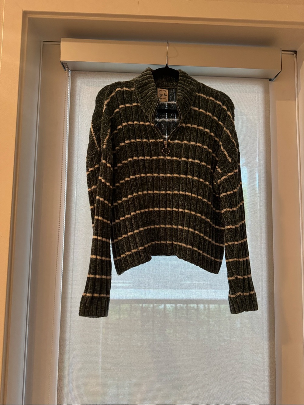 Hippie Rose Dark Green and Cream Striped Half-Zip Sweater